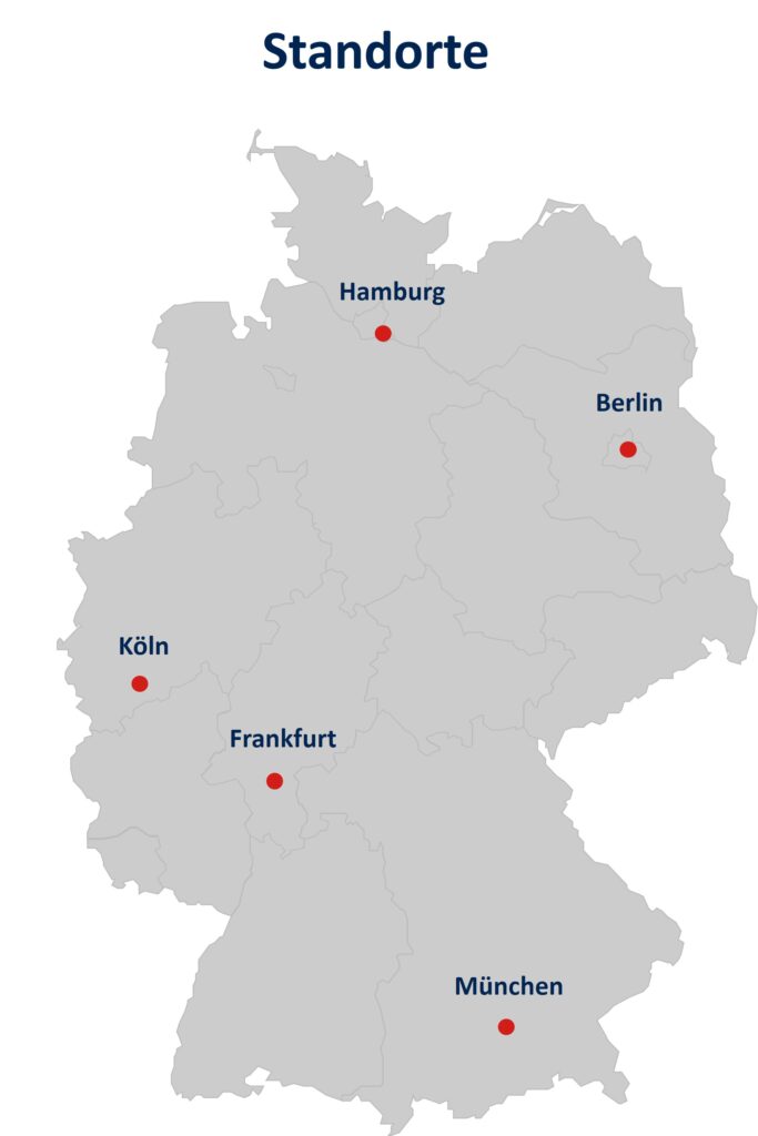 Eine Karte von Deutschland zeigt fünf markierte Standorte: Hamburg, Berlin, Köln, Frankfurt und München.